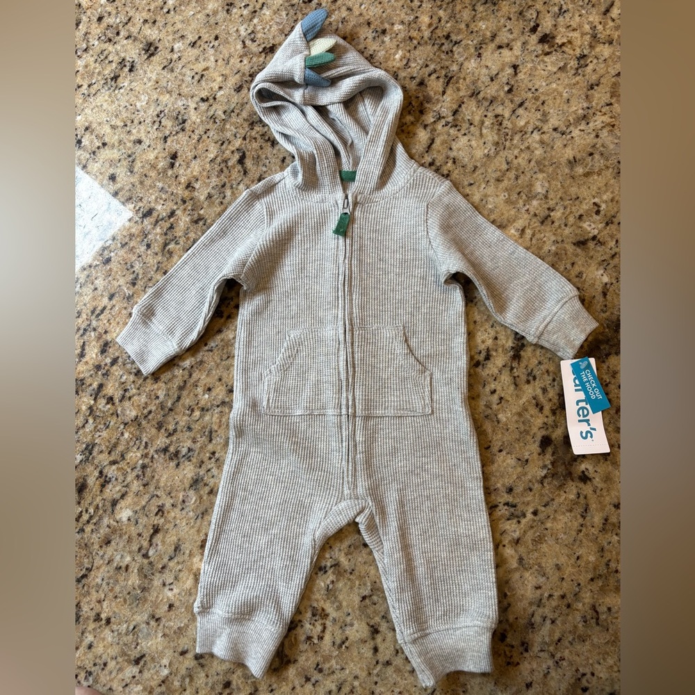 NWT Carter's Beige Dino Hooded Baby Footie- 3 Months